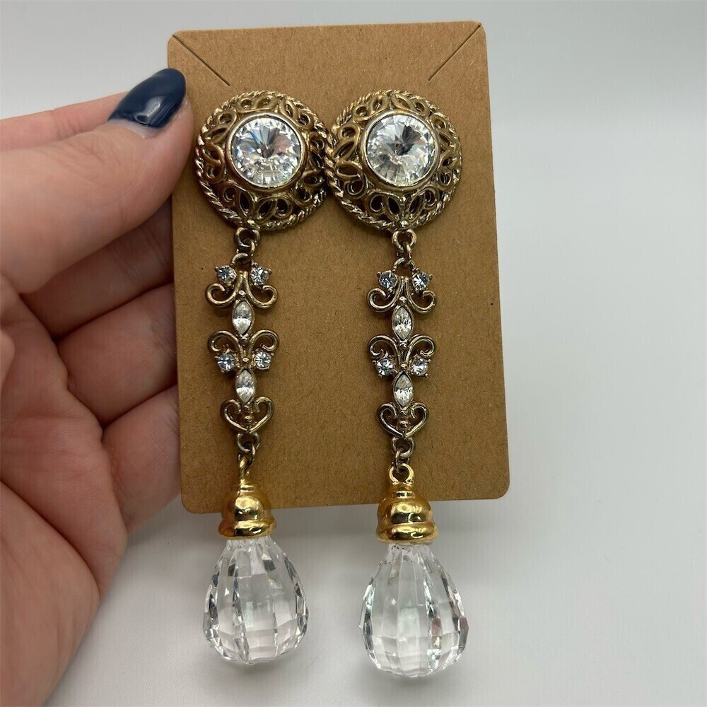 Vintage Inspired Ornate Gold Tone Filigree Long Teardrop Dangle Earrings Sparkle - Picture 3 of 6